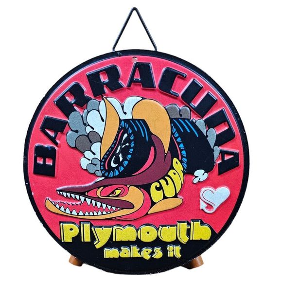 Barracuda Plymouth 7in Licensed Die Cut Embossed Tin Vintage Look Hanging Sign - Picture 1 of 3